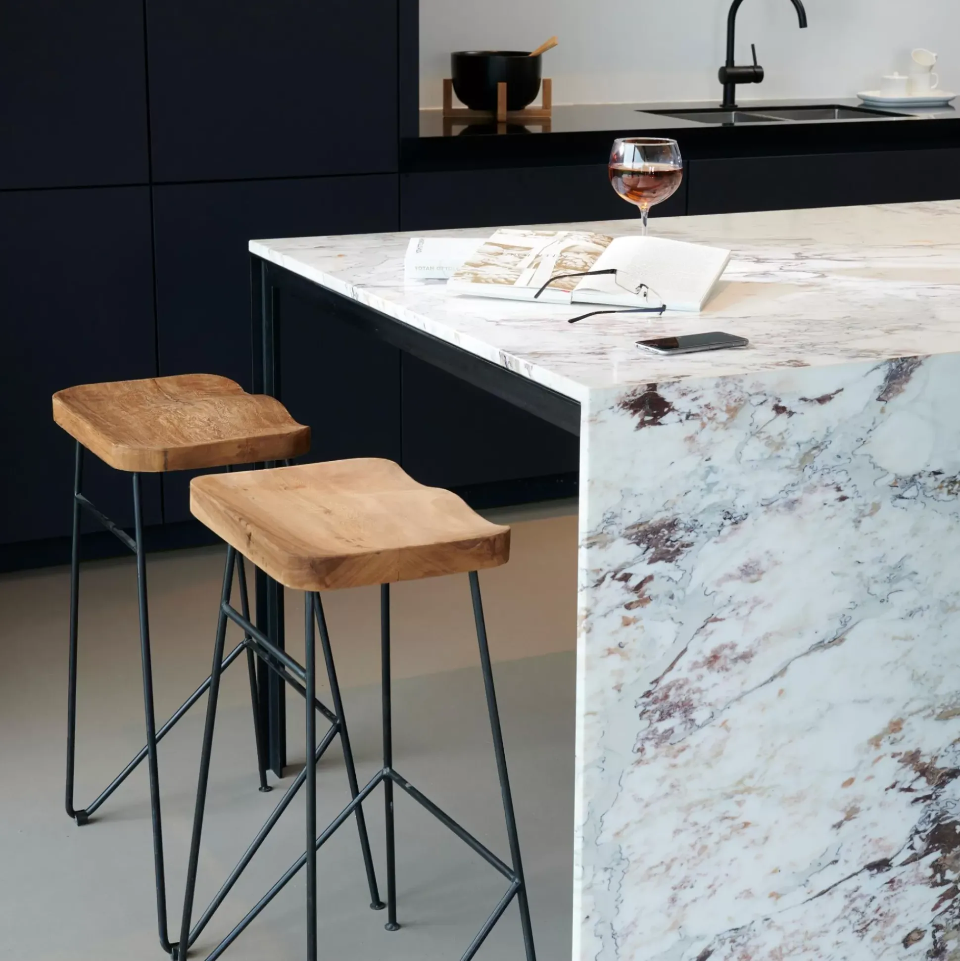 Taburetes De Bar<CASA Teak Taburete Bar Negro, Natural